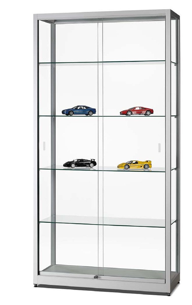 Vitrinekast met glazen schuifdeuren, 100 cm breed in zilver