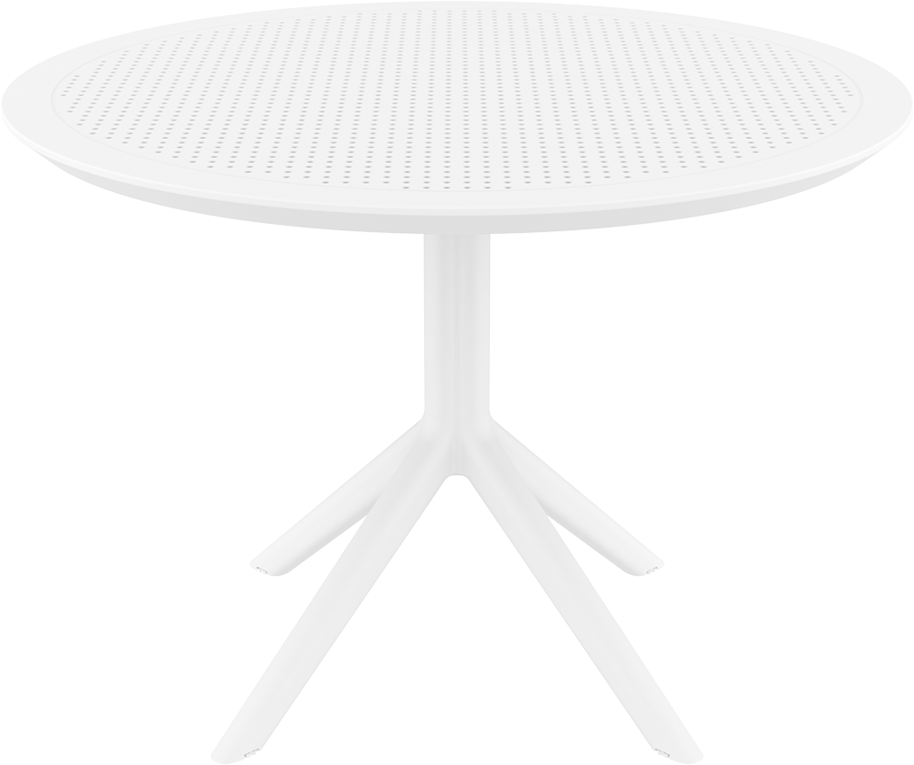 Witte ronde tafel met geperforeerd blad op een witte kruisvoet