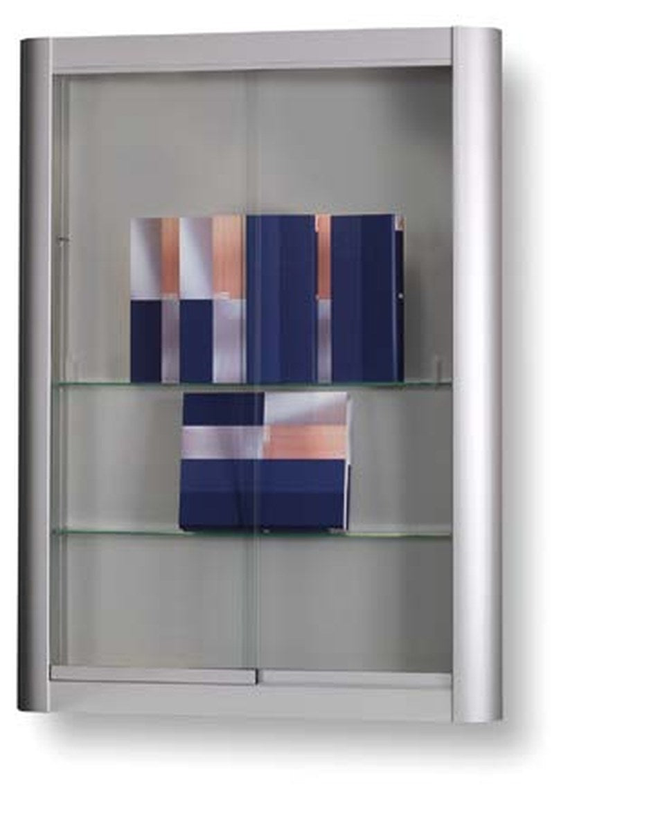 Smalle wandvitrine van 95 x 130 cm in zilver, 15 cm diep