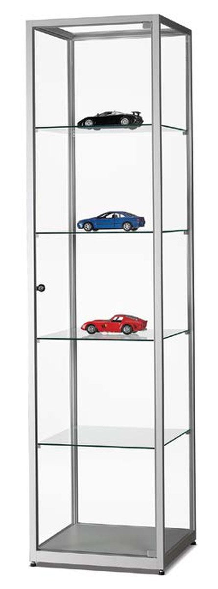 Vitrinekast van 50 cm breed in zilver met glazen draaideur en slot