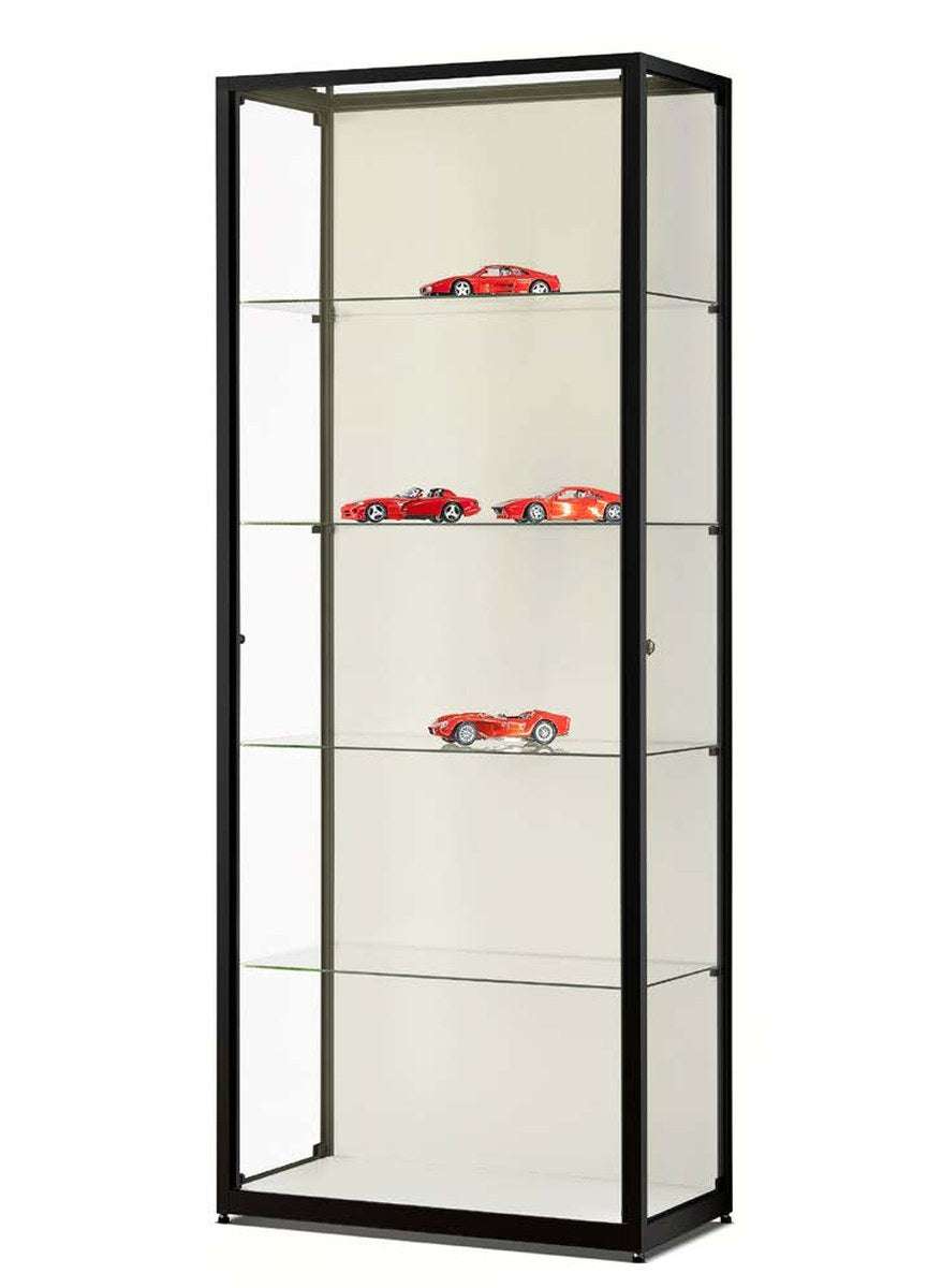 Vitrinekast van 80 cm met LED-strip, zwart frame met witte achterwand