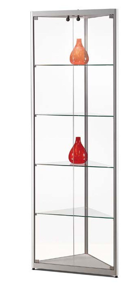 Verlichte hoekvitrine van 50 cm in zilver met glazen draaideur