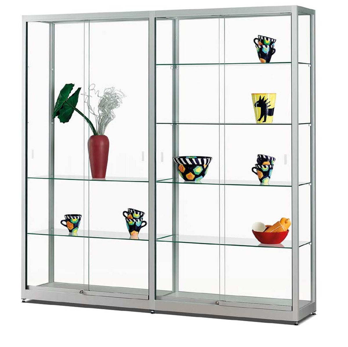 Vitrinekast met schuifdeuren, 198 cm breed in zilver, twee vitrines doorgebouwd
