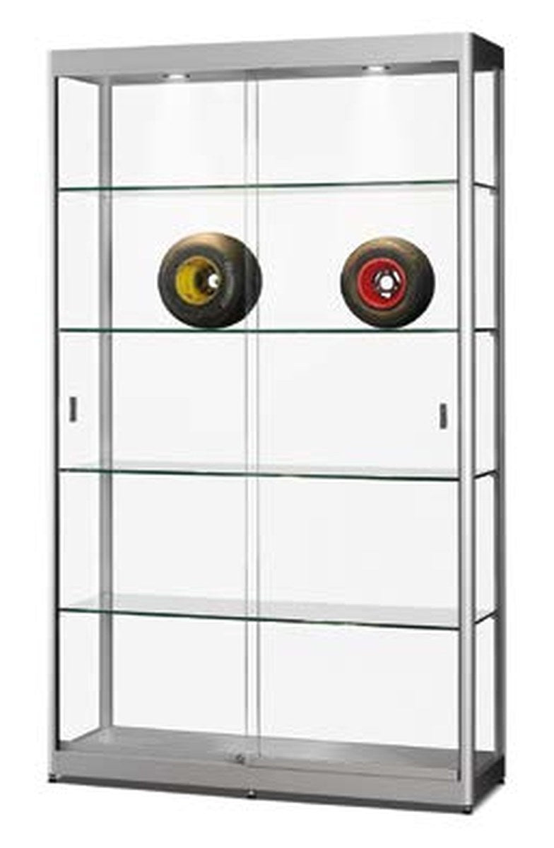 Verlichte vitrinekast met schuifdeuren, 120 cm breed in zilver