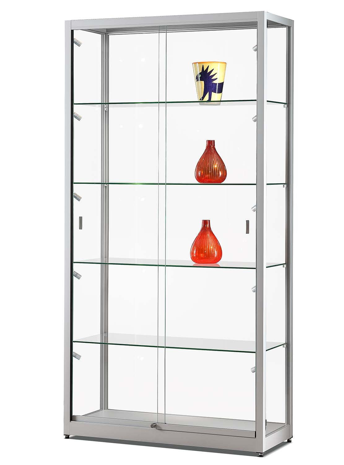 Vitrinekast met schuifdeuren en LED-spots op klikrail, 100 cm breed in zilver