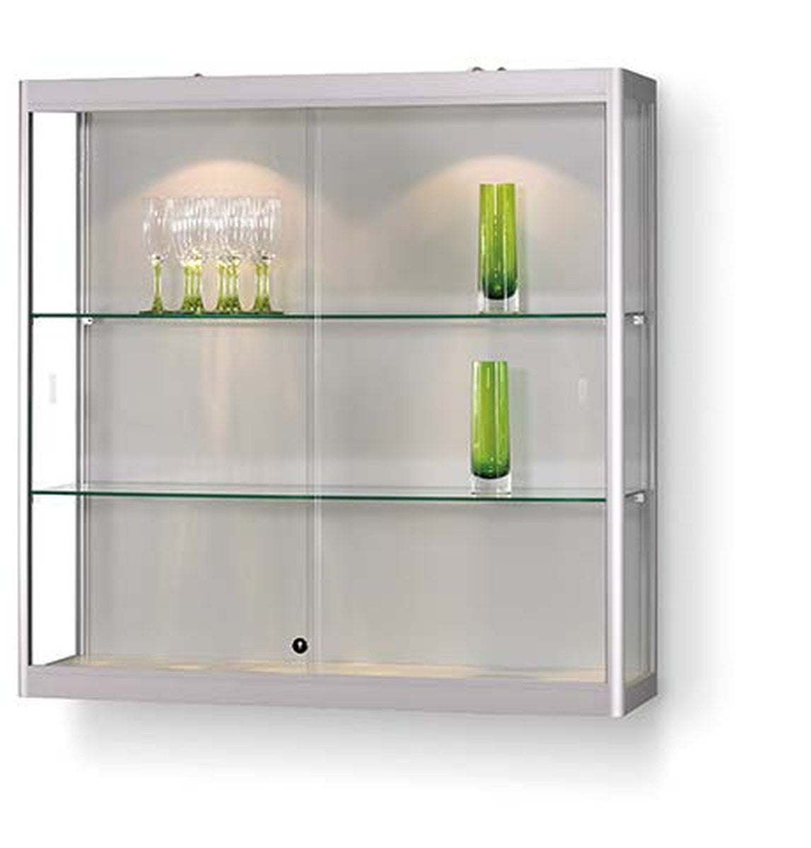 Verlichte wandvitrine van 100 cm breed in zilver