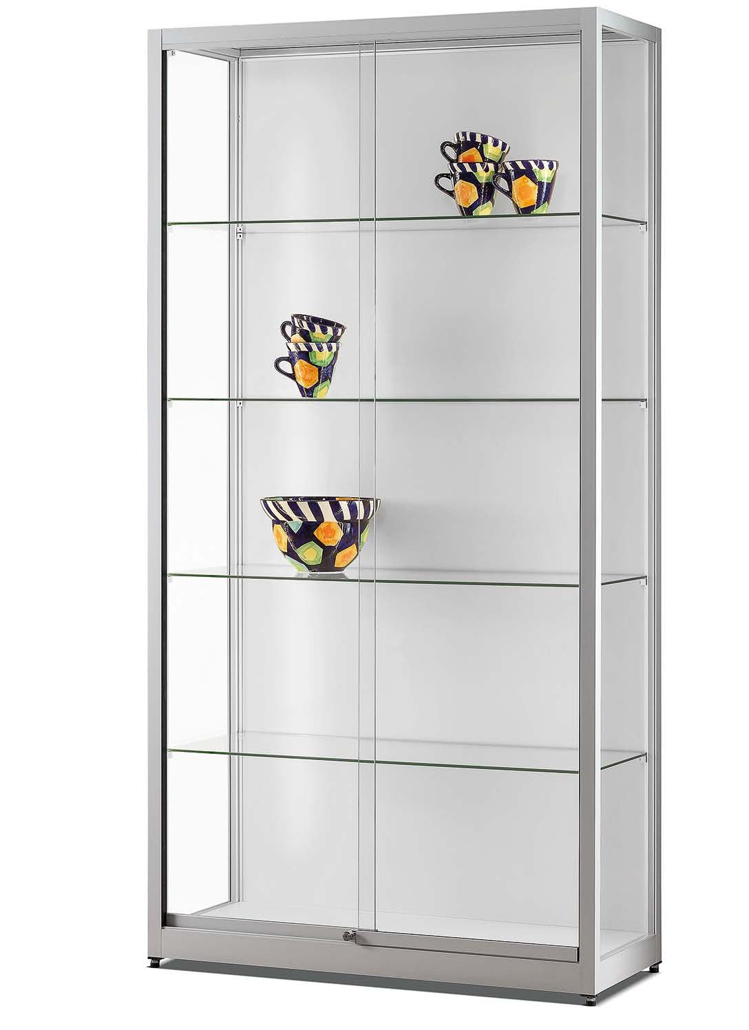 Vitrinekast met schuifdeuren en verticale LED-strips, 100 cm breed in zilver