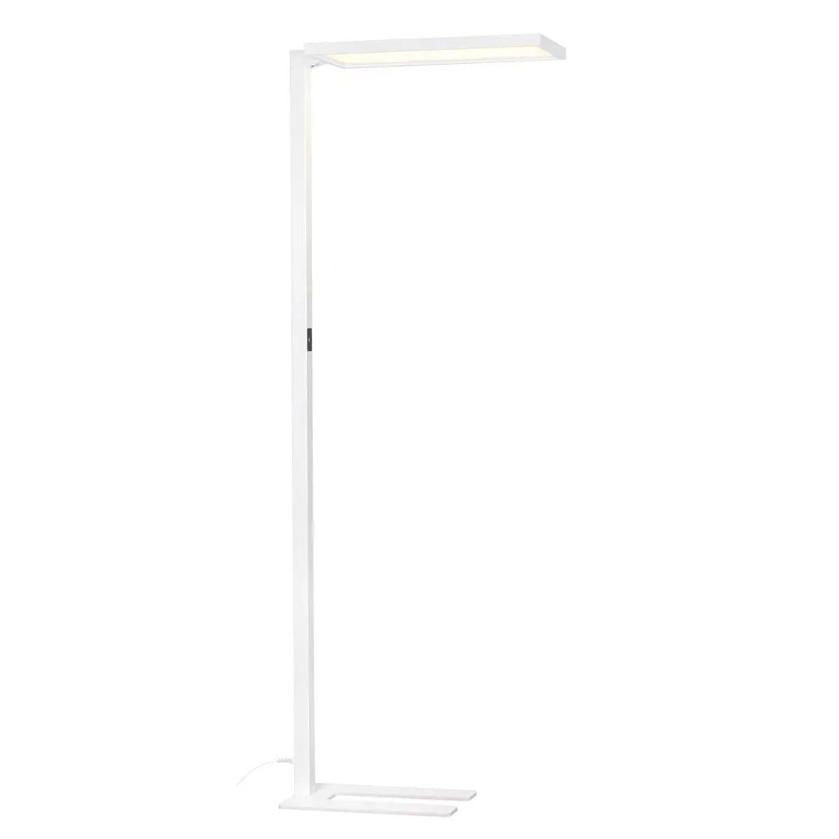 Witte uitvoering van de vloerlamp, met de langwerpige lichtkap en de platte rechthoekige voet
