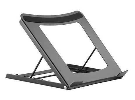 Opklapbare laptophouder van zwart metaal met open frame en verstelbare schuine standaard
