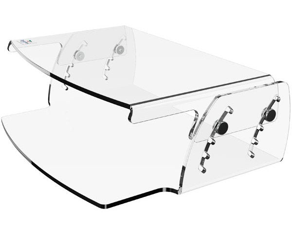 Monitorverhoger TH550: verhoogd plateau van helder acryl op twee zijpanelen met stelknoppen