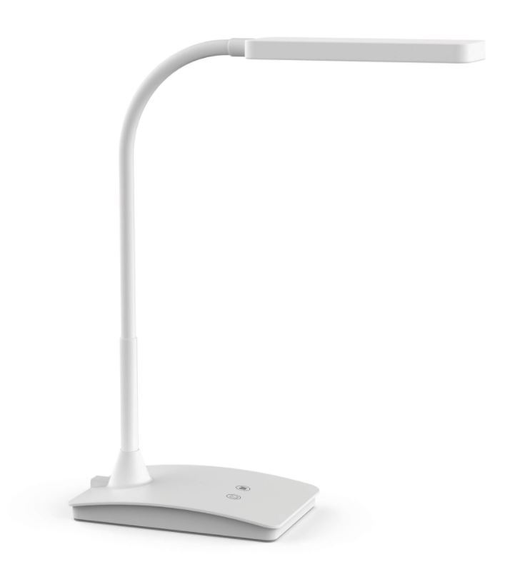 De Pear in de witte uitvoering, met flexibele hals en een platte witte voet met touchbediening