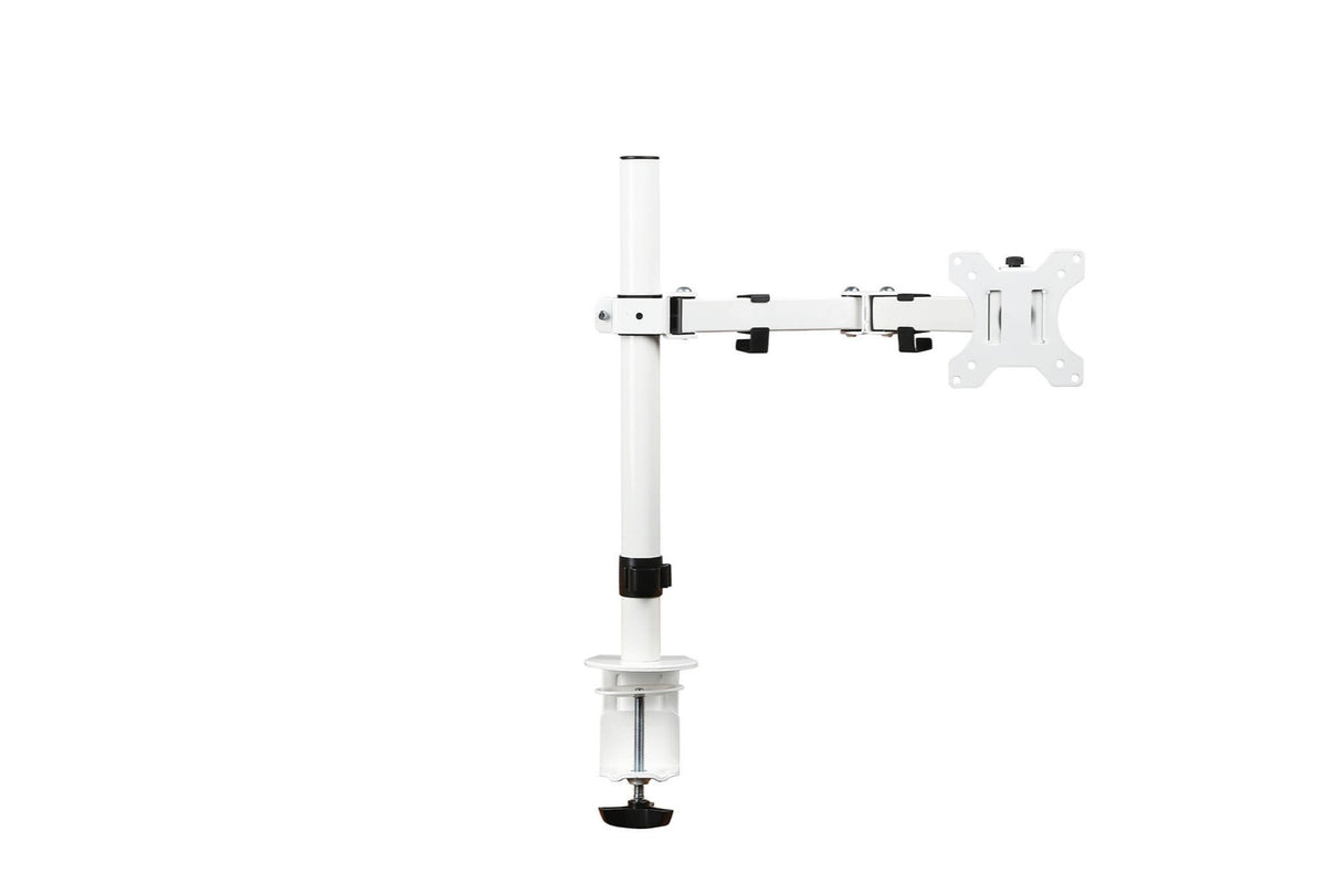 Witte monitorarm voor één scherm met knikarm, VESA-plaat en bladklem voor de bureaurand