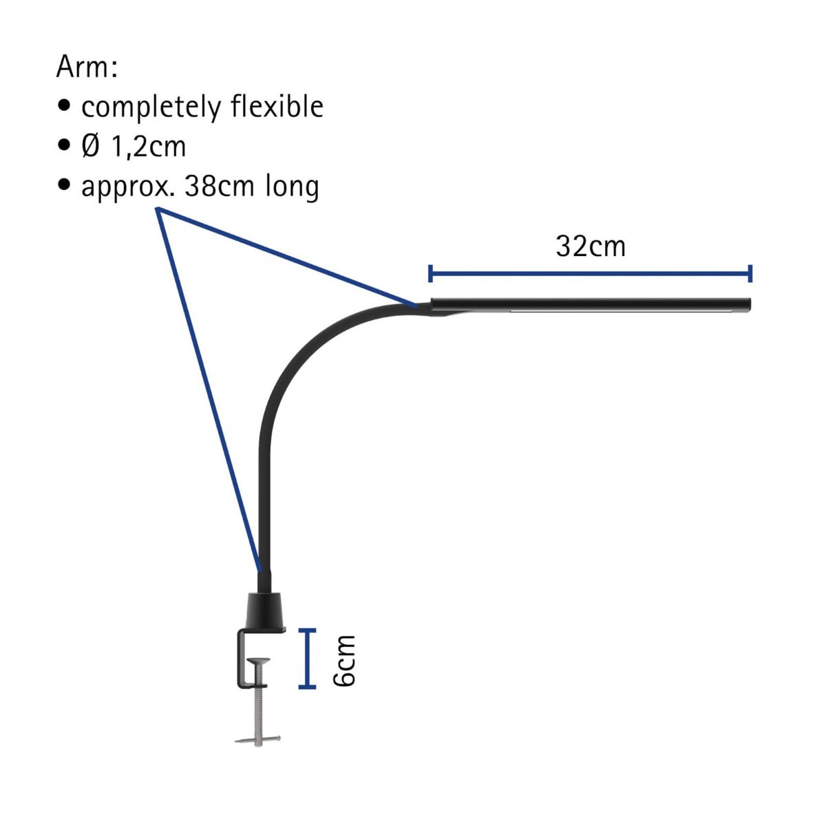 Maattekening bureaulamp Pir LED met klem, flexibele arm van 30 cm