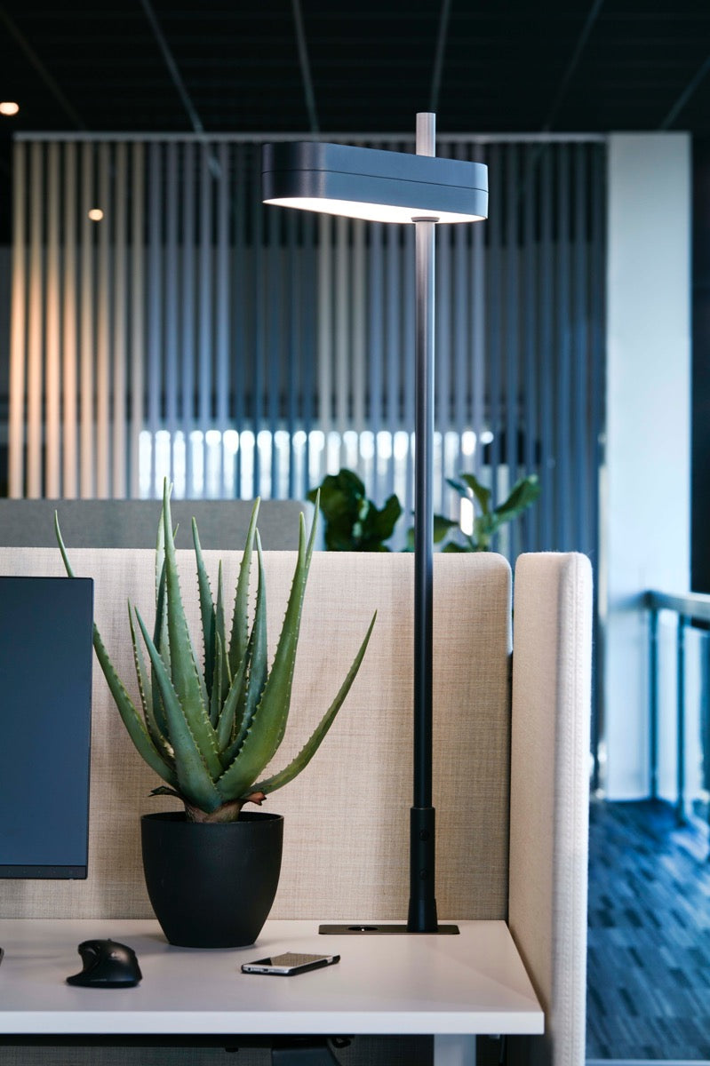 Slanke zwarte bureaulamp met brede lichtkap op een hoge staander, brandend boven een werkplek