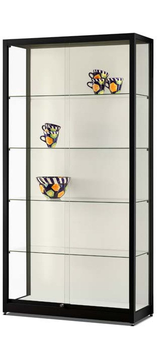 Vitrinekast met schuifdeuren en LED-strip, zwart frame met witte achterwand