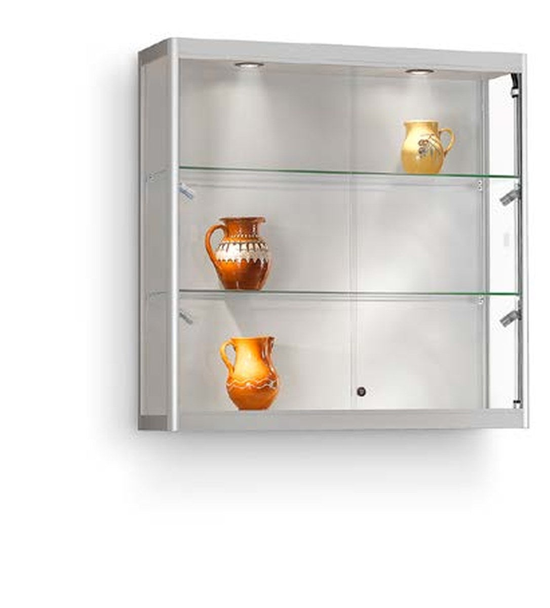 Wandvitrine van 100 cm met LED-spots op klikrail in zilver