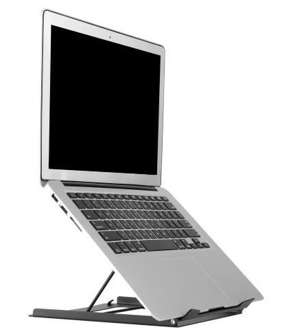 Laptop op de verstelbare laptophouder, van opzij gezien