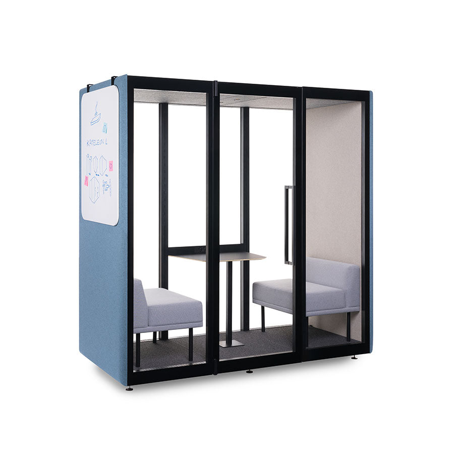 Akoestische belcel Askia Kameleon K2 voor twee personen, met glazen deur en zitgelegenheid