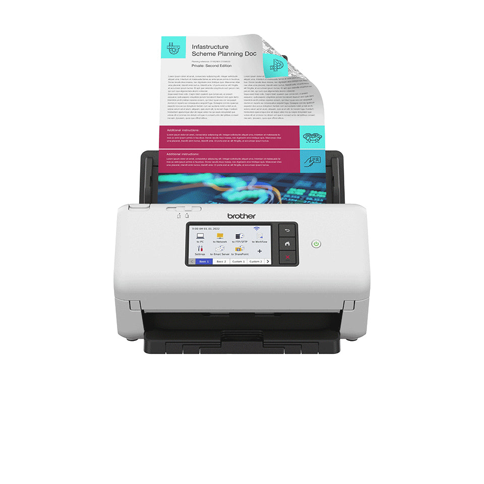 Brother ADS-4700W desktopscanner met breed kleurentouchscreen en gekleurde documenten in de invoer