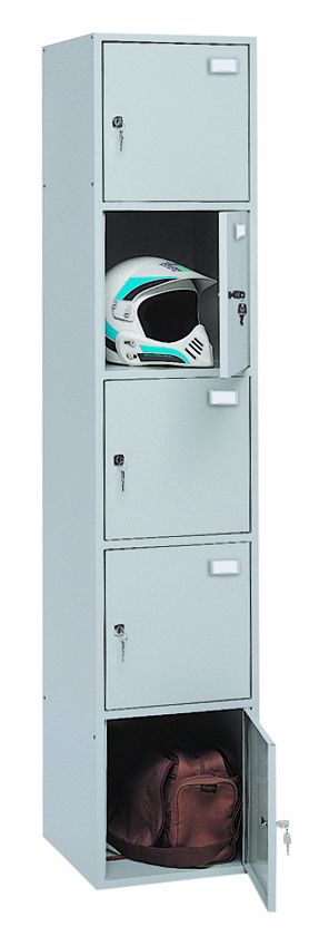 Lockerkast in lichtgrijs met vijf afsluitbare deuren boven elkaar, twee deuren geopend met inhoud zichtbaar