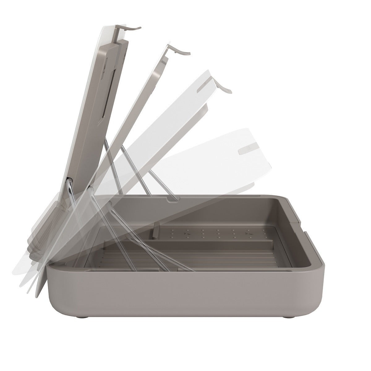 Toolbox BN900: platte grijze opbergbox met kantelbaar deksel, in meerdere standen getoond