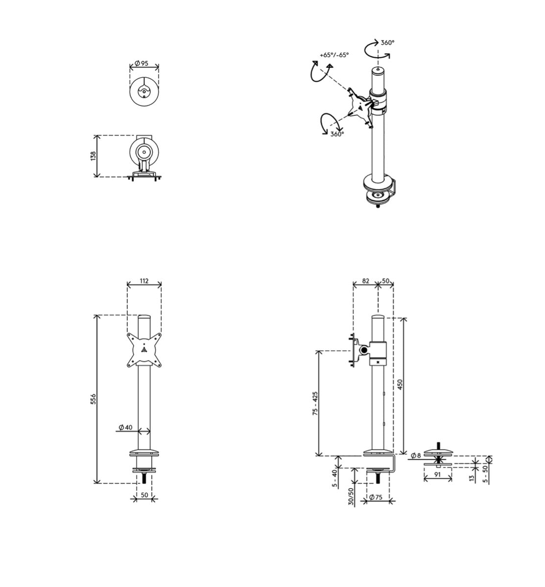 Technische tekening in vier aanzichten, met maatvoering van de paal en de bladklem