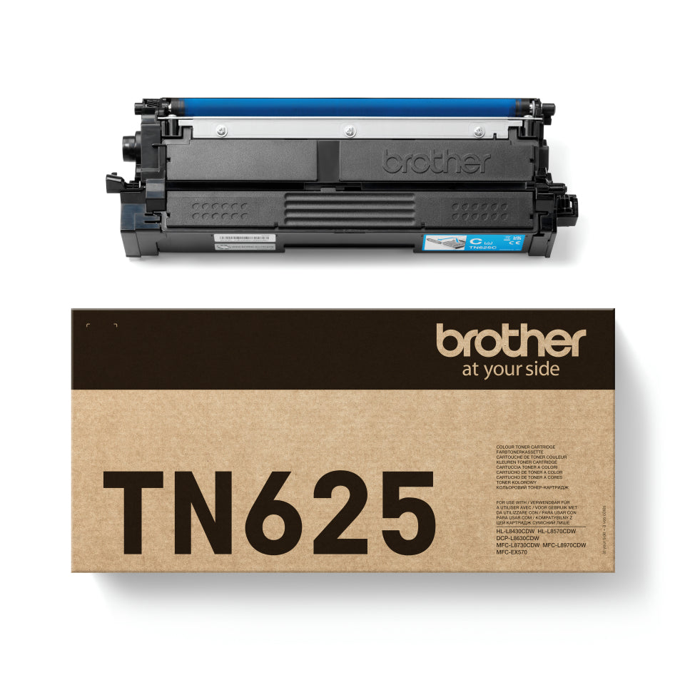 Brother TN-625 tonercartridge cyaan, origineel, op witte achtergrond
