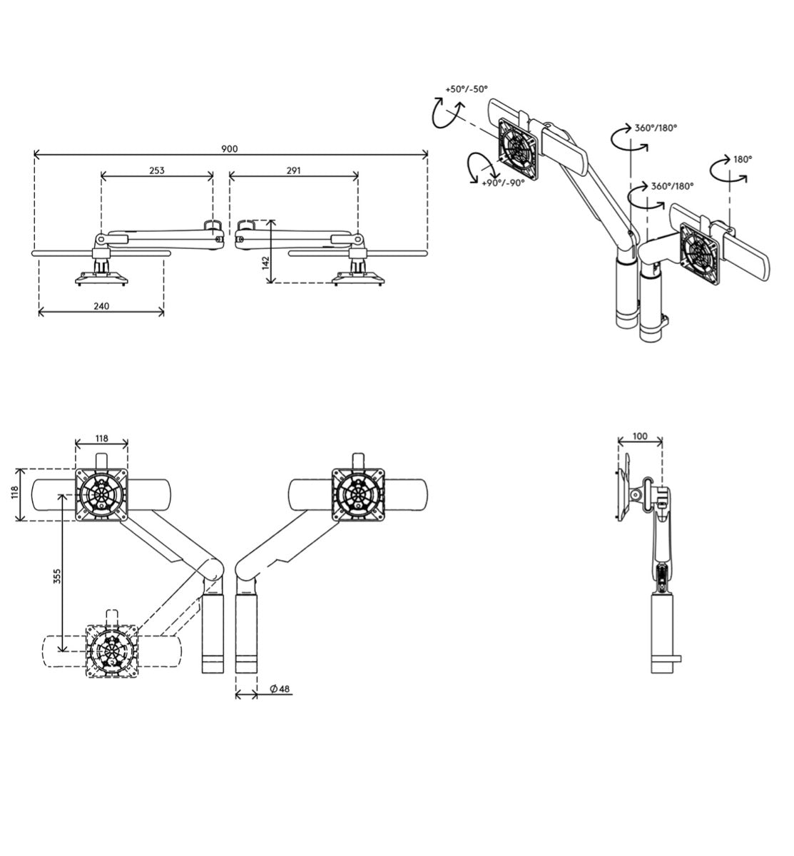 Maattekening van de BN210 met twee VESA-platen op een dwarsbalk, in boven- en zijaanzicht