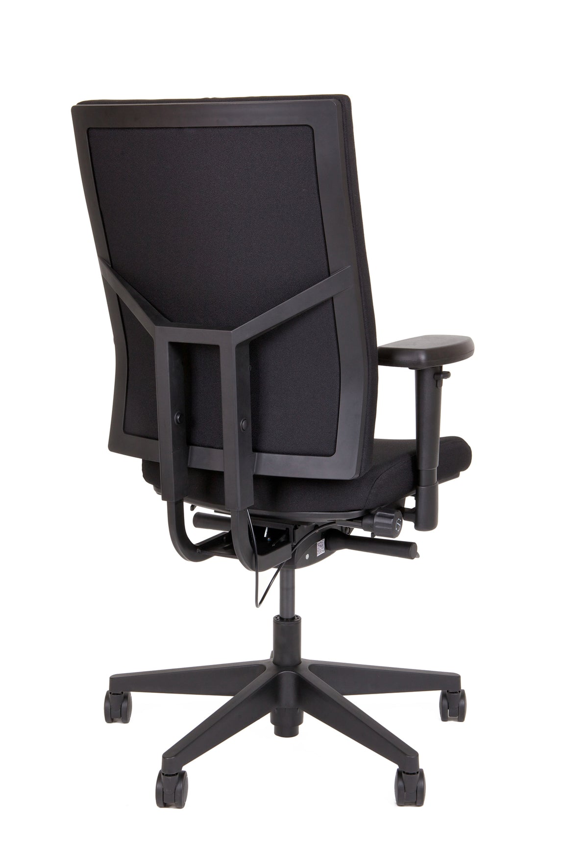 De WL87 Comfort schuin van achteren, met gestoffeerde rugschaal en zicht op het mechaniek