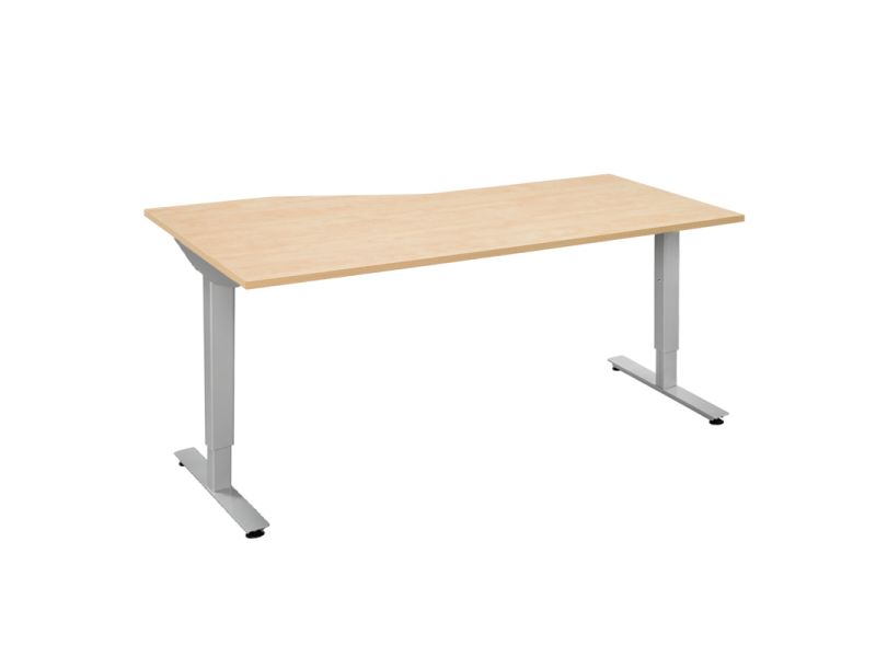 Bureau Beta met alpha-blad in eikendecor met golvende voorzijde, op een aluminiumkleurig T-frame