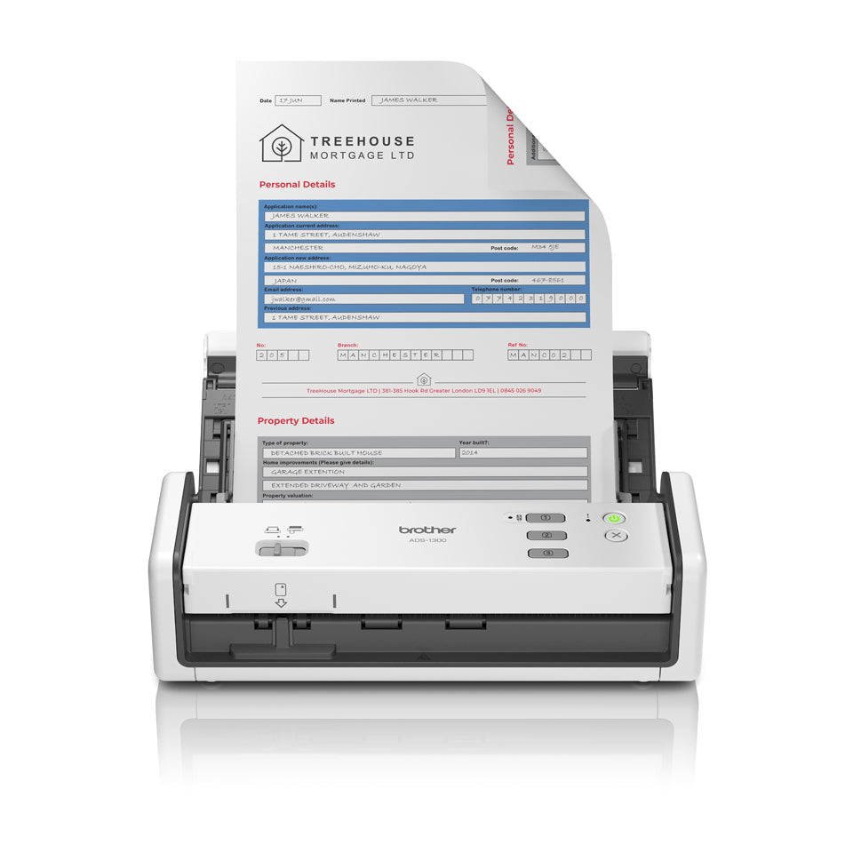 Brother ADS-1300 desktopscanner in wit met grijs, met opgeklapte documentinvoer en papier erin