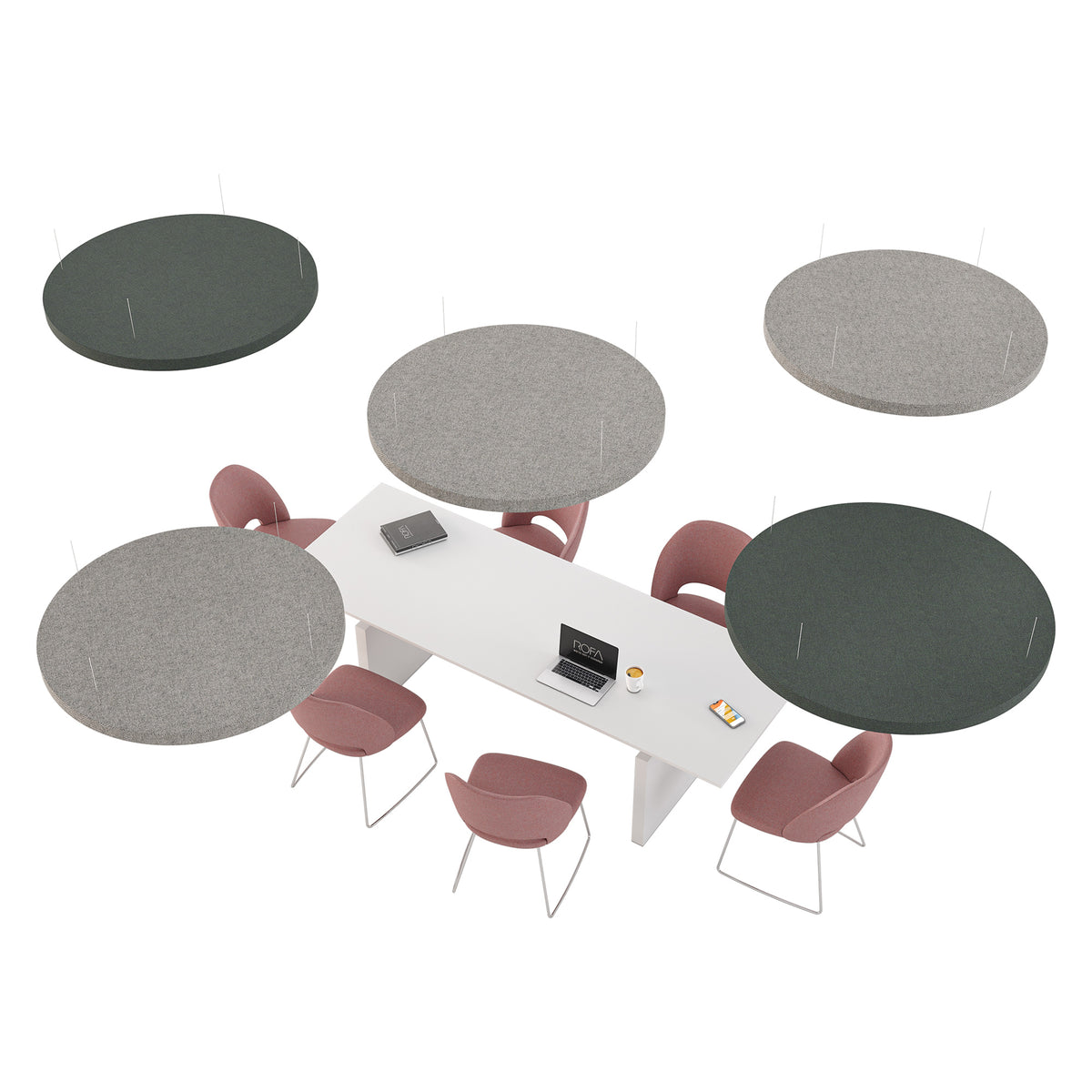 Sfeerbeeld van ronde akoestische panelen in grijs en donkergroen boven een witte tafel met roodbruine stoelen