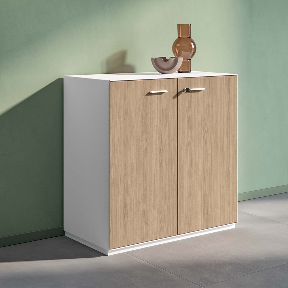 Q4 draaideurkast in houtdecor met witte korpus en decoratie erop