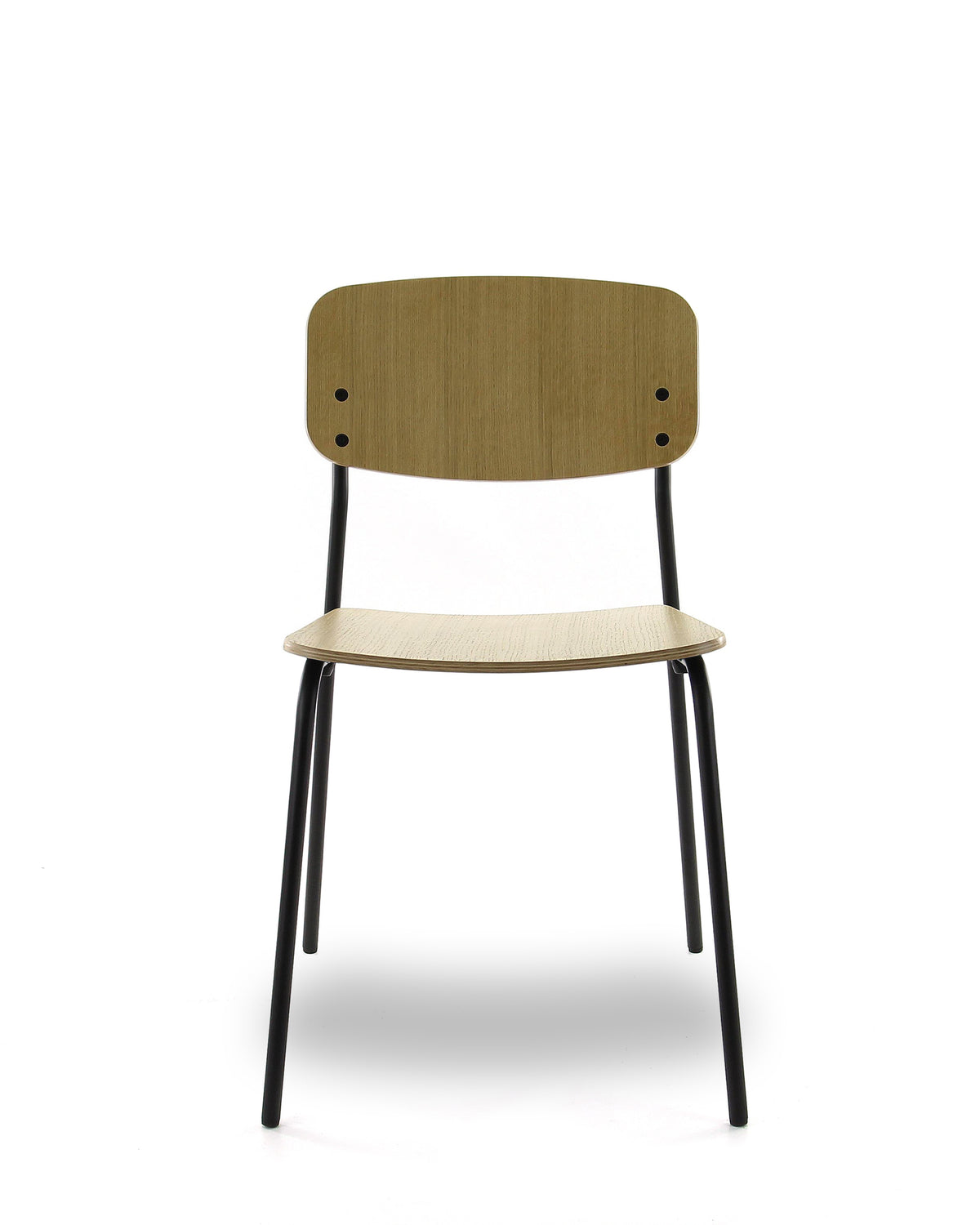 Kantinestoel BO-4 van voren, met de rugleuning in blank eiken fineer los boven de zitting