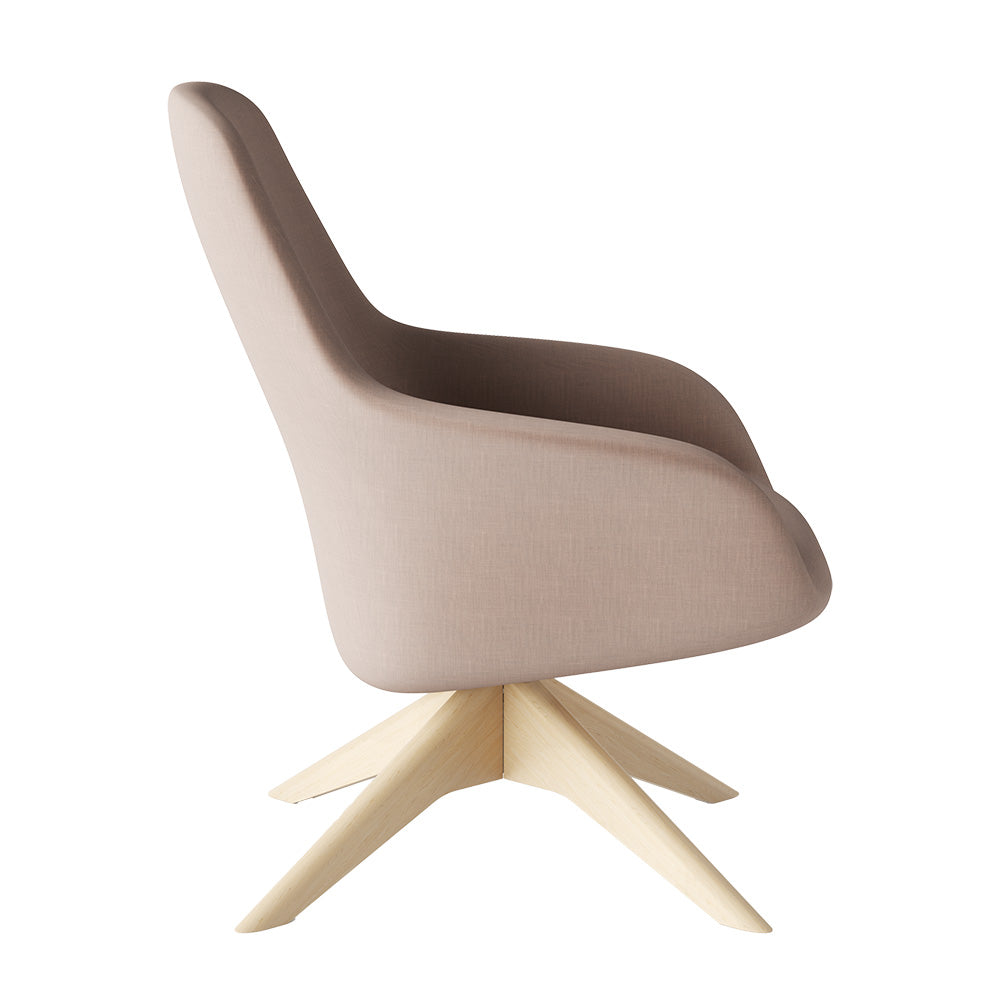 Loungefauteuil Baila Lounge High met hoge oudroze gestoffeerde kuip op een houten vierteens kruisvoet