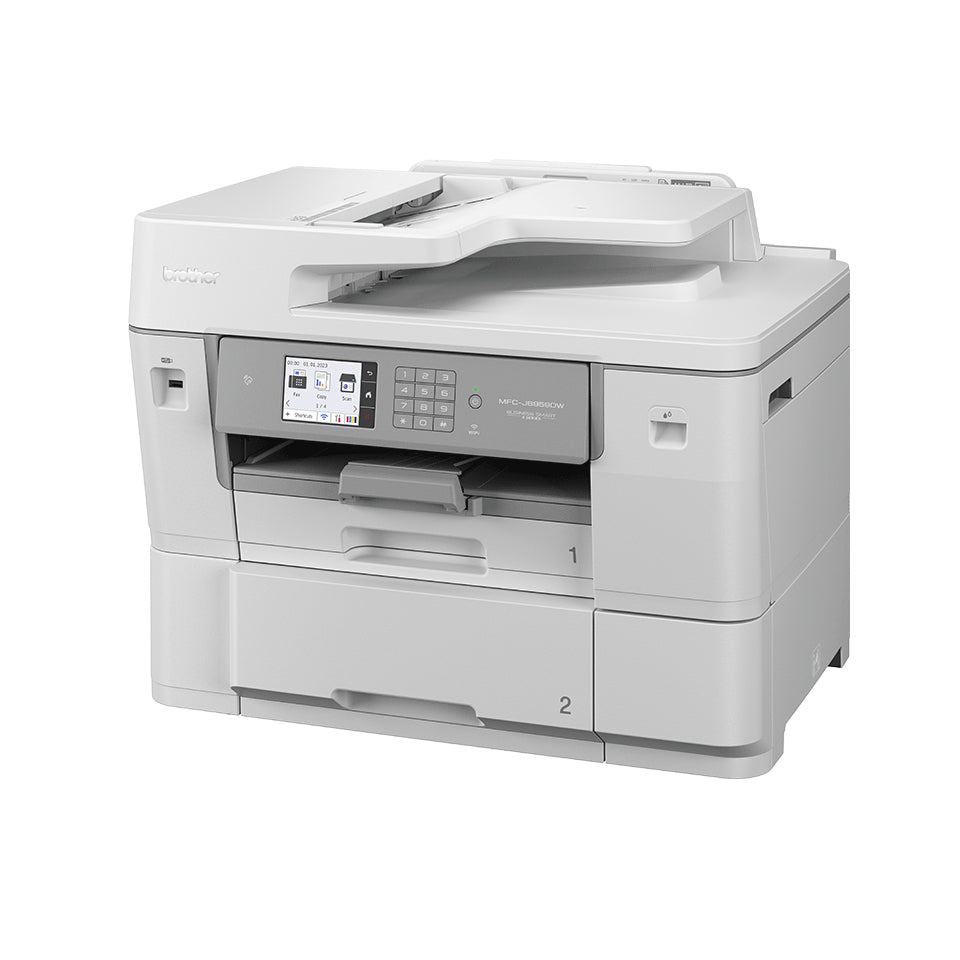 Grijze A3 multifunctional met bedieningspaneel en uitklapbare papiersteun, schuin van voren