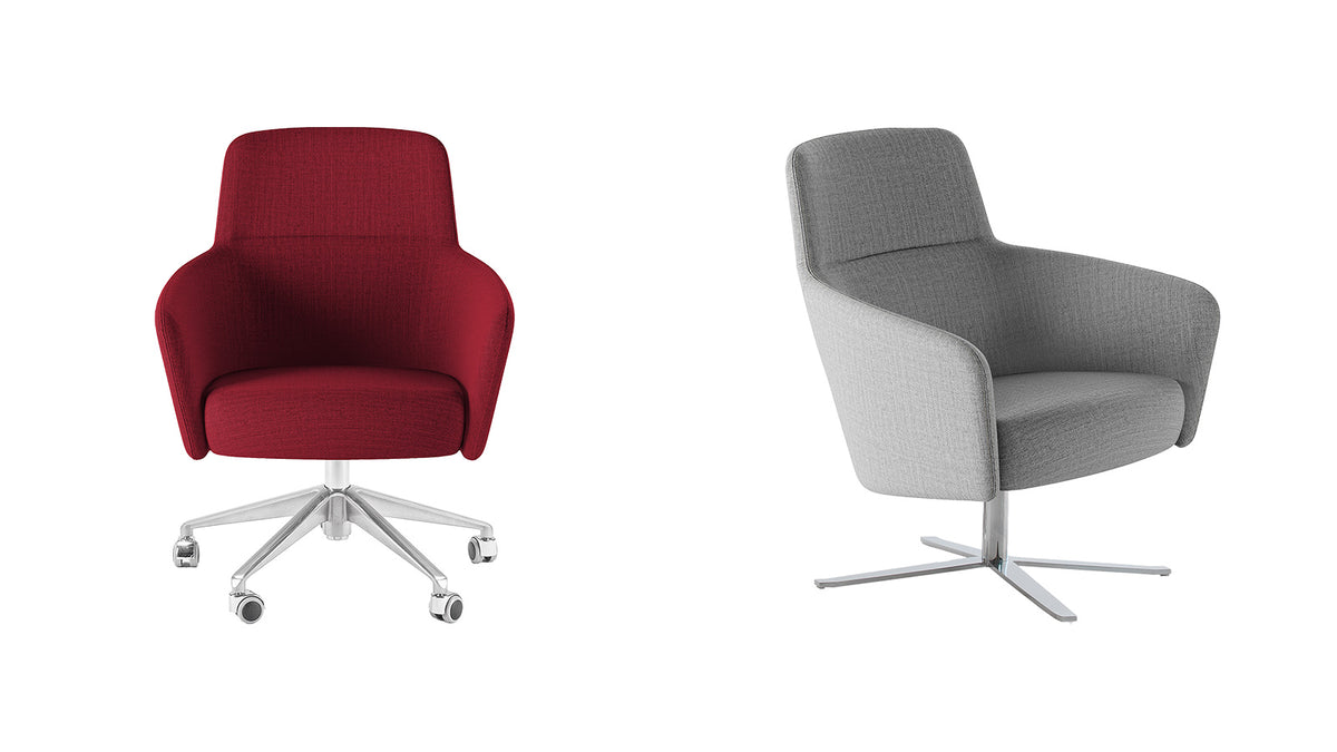 Rode fauteuil op een witte kruisvoet met wielen naast een grijze fauteuil op een stervoet