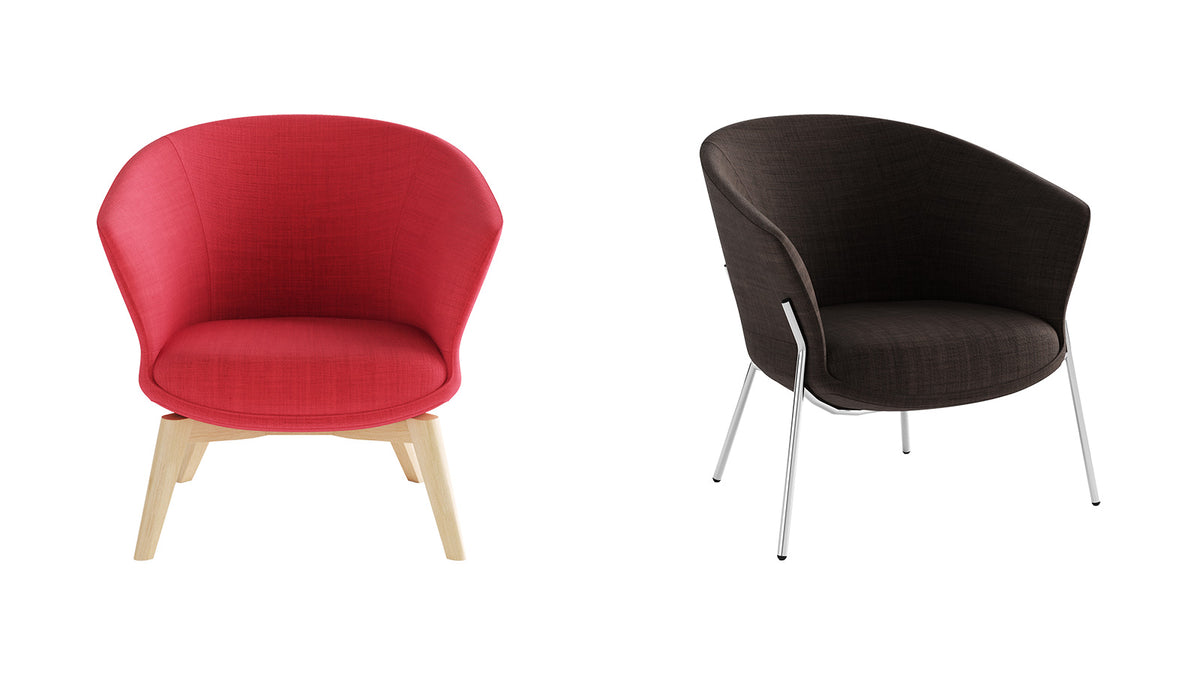 Rode loungefauteuil op een houten vierpoot naast een zwarte uitvoering op metalen poten