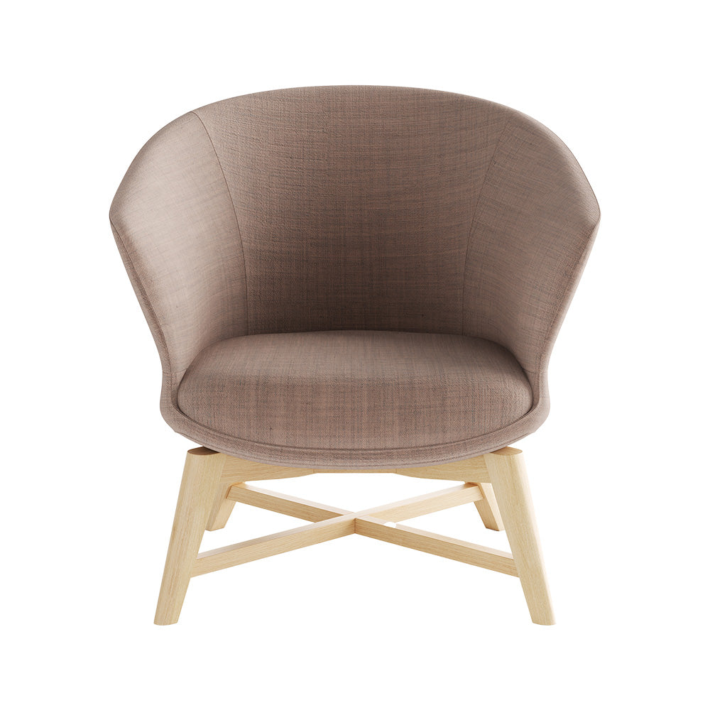 Loungefauteuil Conga Lounge met brede taupe gestoffeerde kuip op een licht houten kruisonderstel