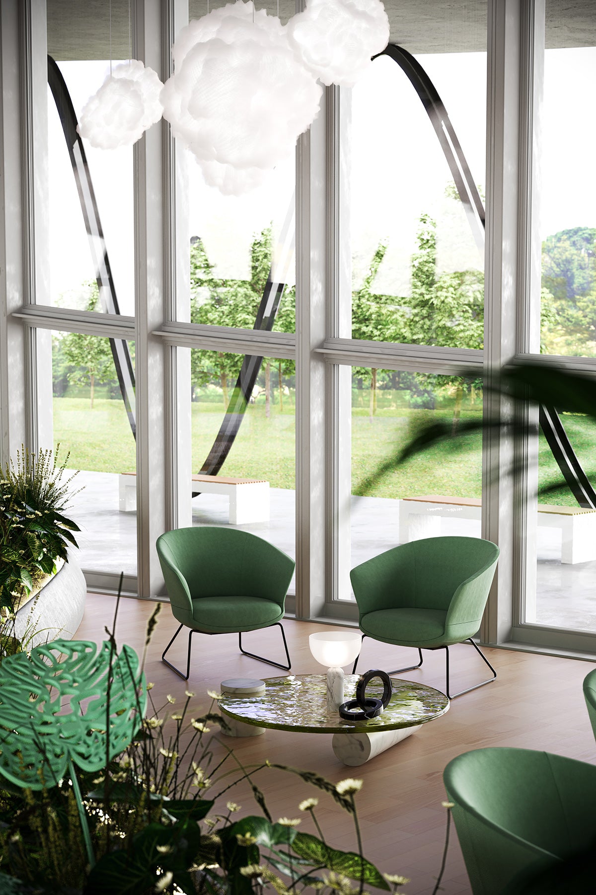 Conga Lounge fauteuils in groen in een lichte ruimte met planten