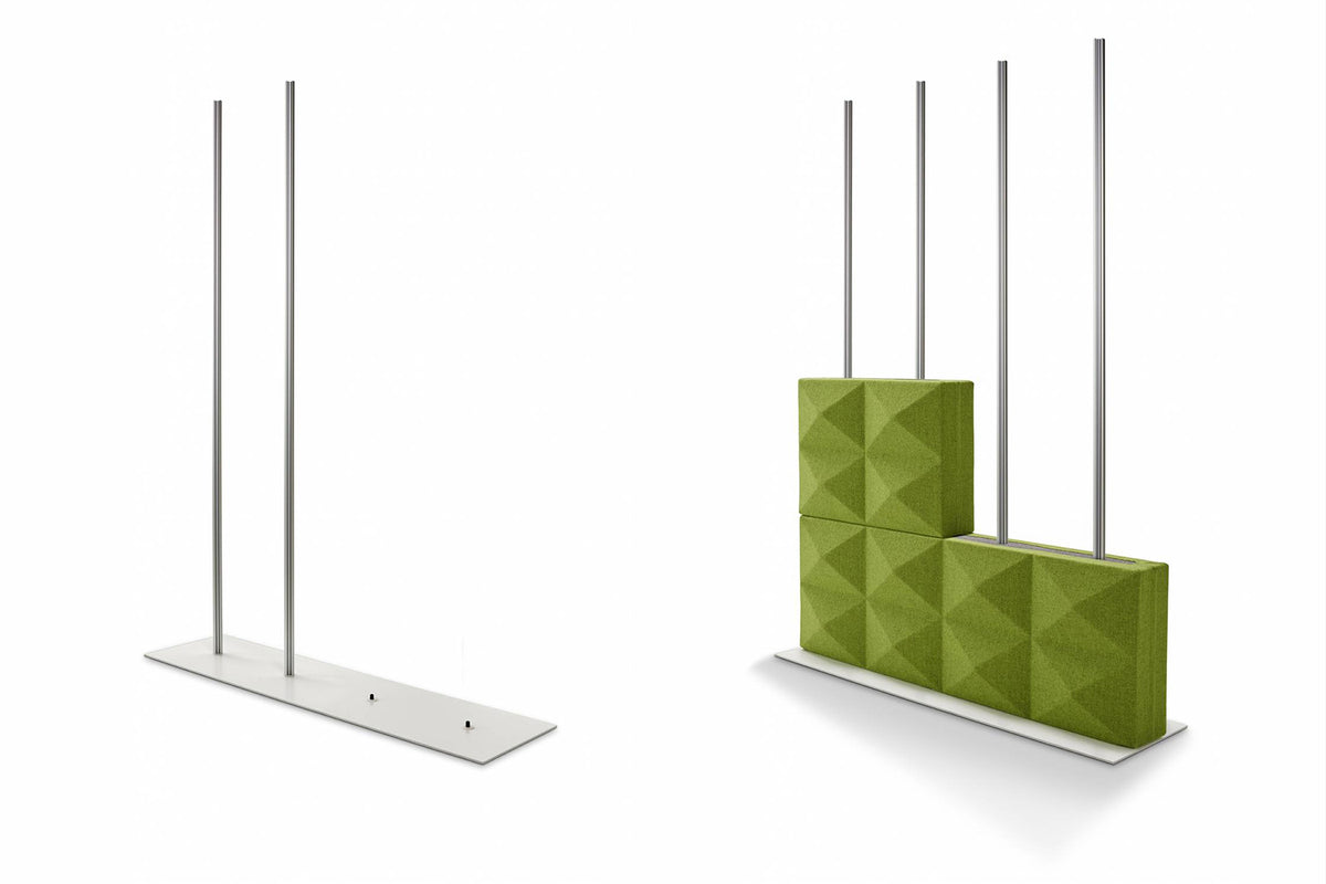 Fabricks wandframes, leeg en gevuld met groene blokken