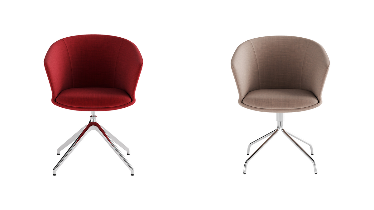 Rode fauteuil op een chromen kruisvoet naast dezelfde fauteuil in taupe op een stervoet