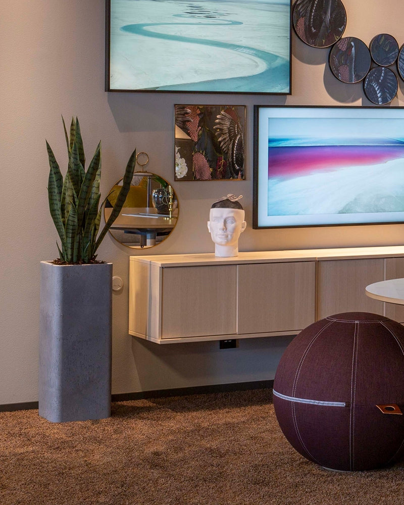 Hoge grijze plantenbak met een vetplant naast een houten dressoir in een lounge