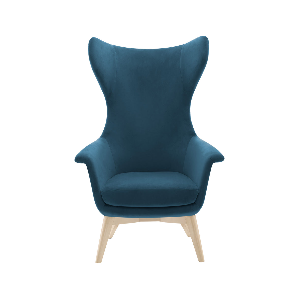 Merengue fauteuil in blauw met hoge rug op houten poten