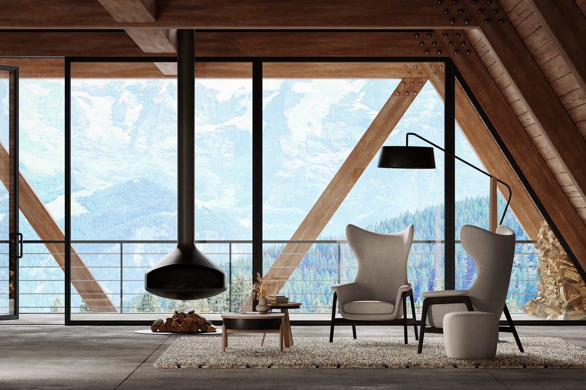 Merengue fauteuils in een lounge met houten spanten