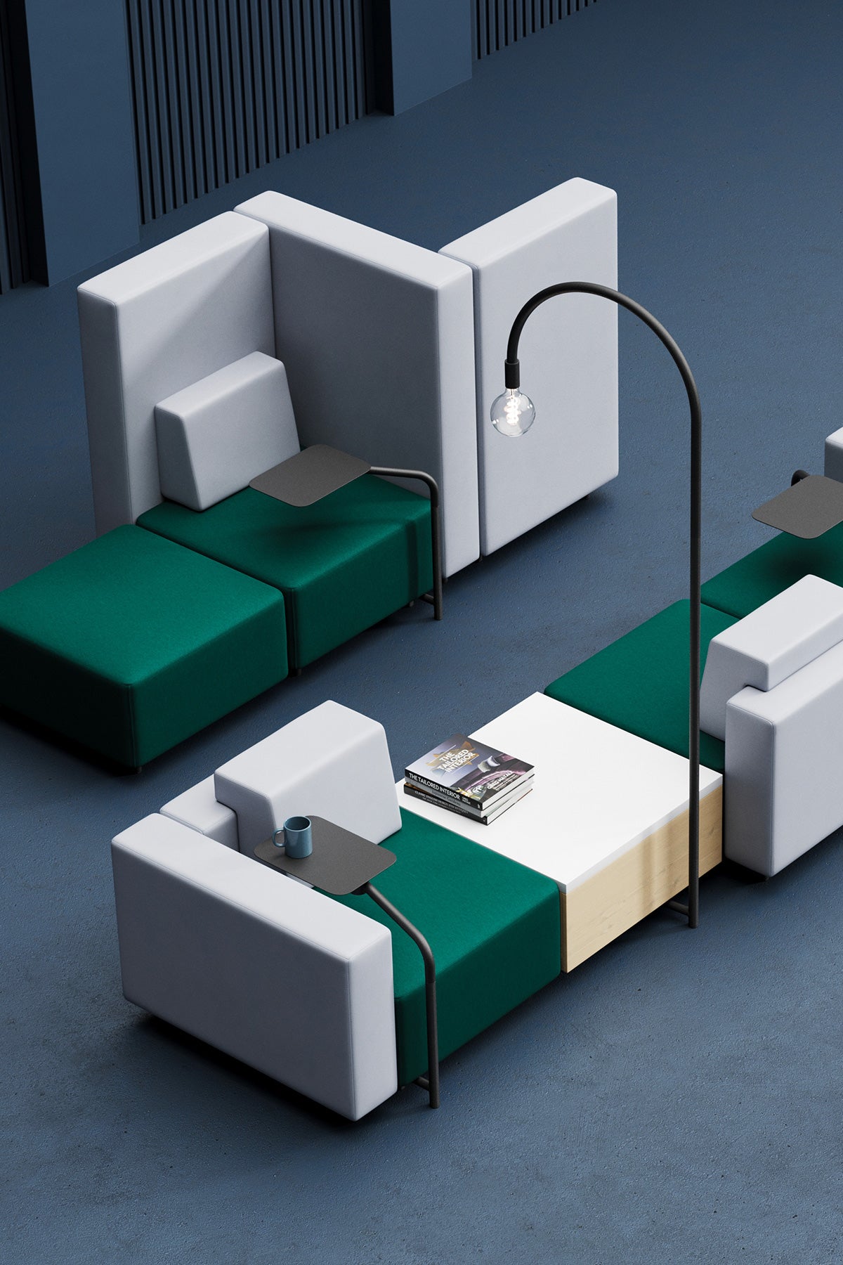 M+ Sofa met hoge rug en vloerlamp, van bovenaf