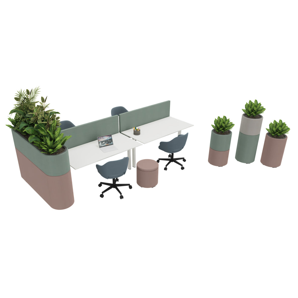 Render van twee werkplekken met groene scheidingsschermen en plantenbakken met beplanting ernaast
