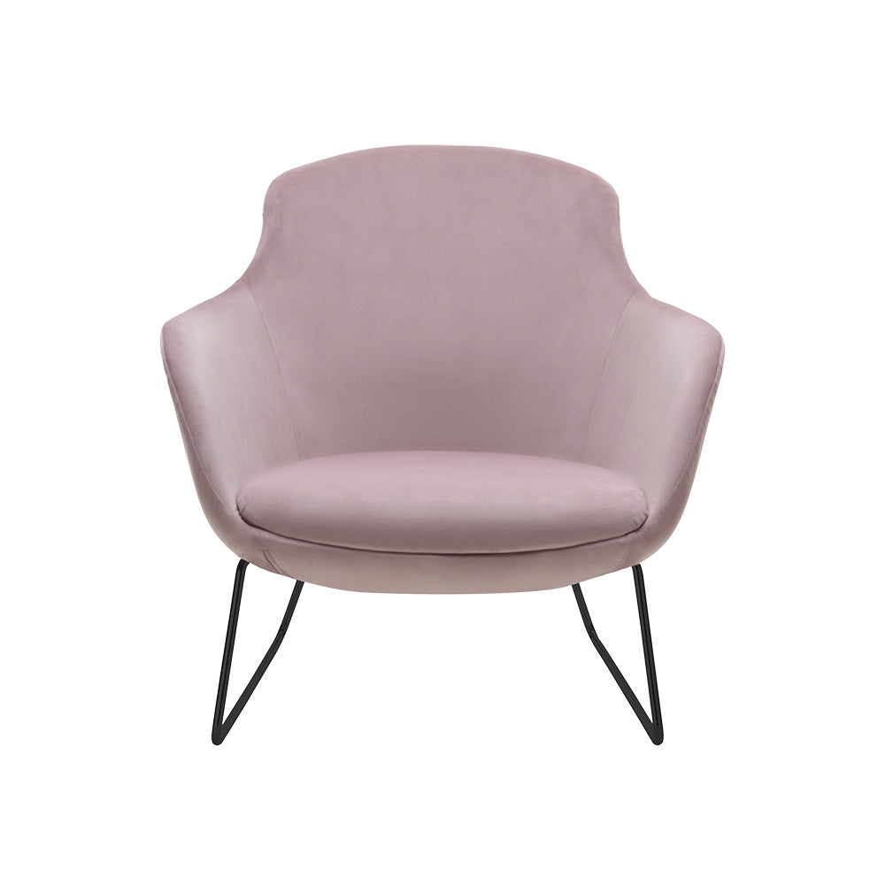 Loungefauteuil Salsa met oudroze gestoffeerde kuip op een zwart metalen draadframe