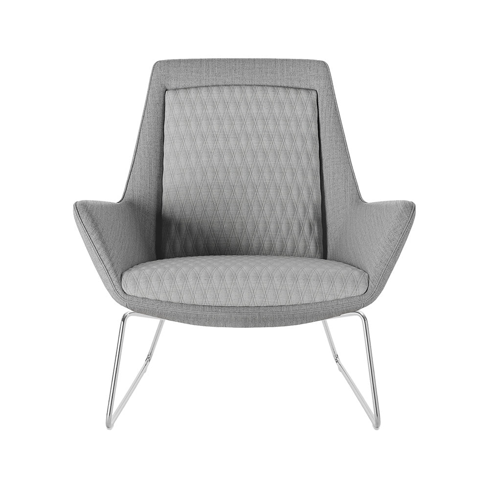 Loungefauteuil Samba Low met grijze stoffering en lage rug op een slank verchroomd sledeframe