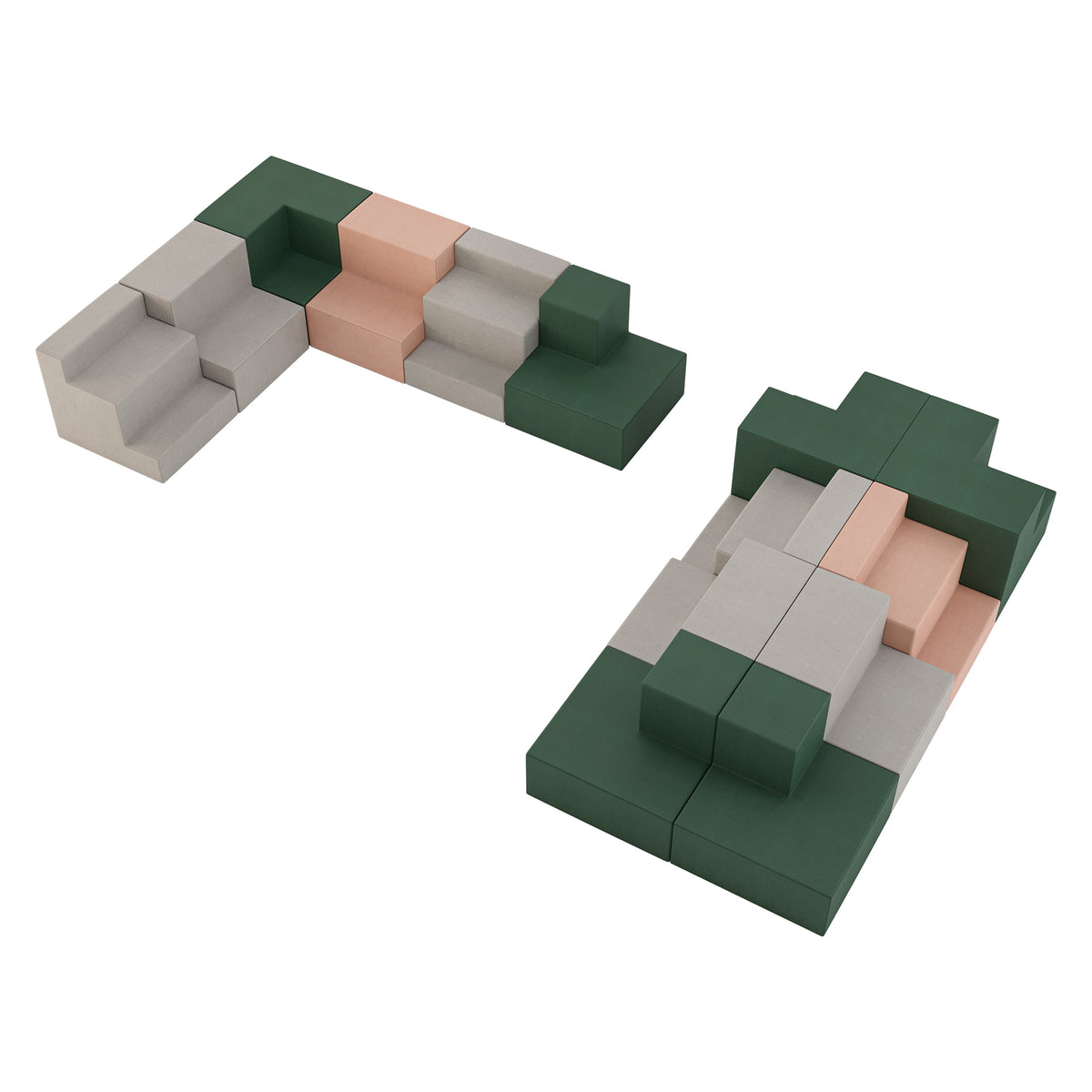 Twee opstellingen modulaire Tribune zitelementen in donkergroen, zalmroze en lichtgrijs